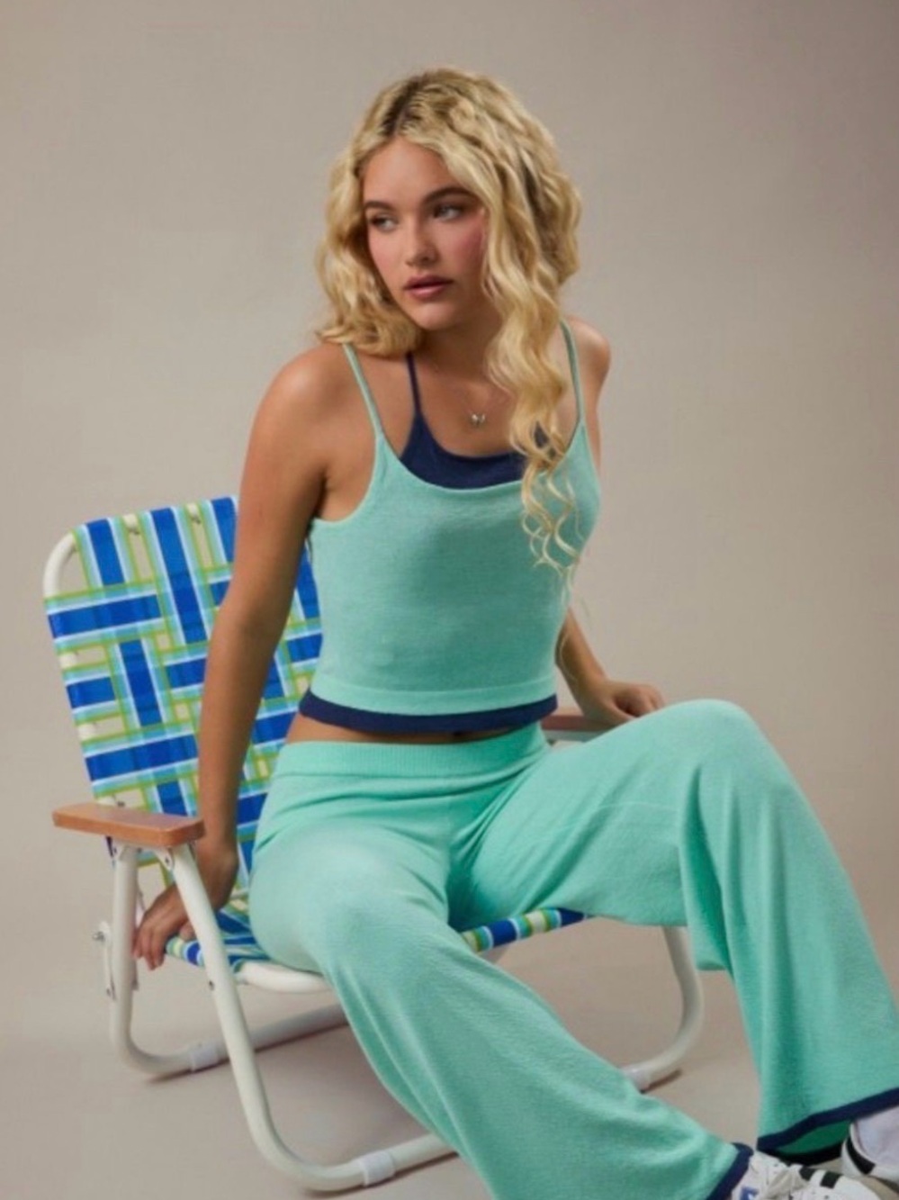 55 Mint Green Two-Piece Lounge Set with Navy Trim